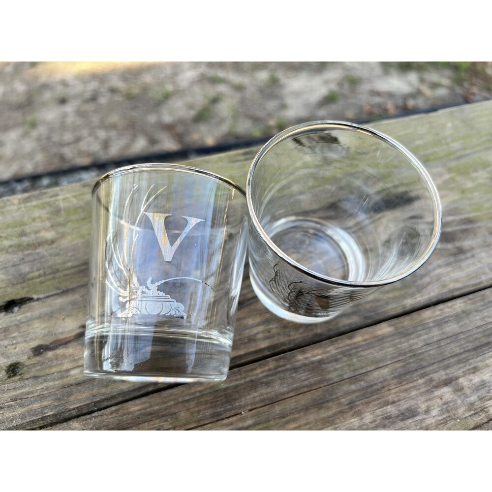 Vintage Set of 2 Silver Art Deco Design 3.5" Juice Glasses Monogram V